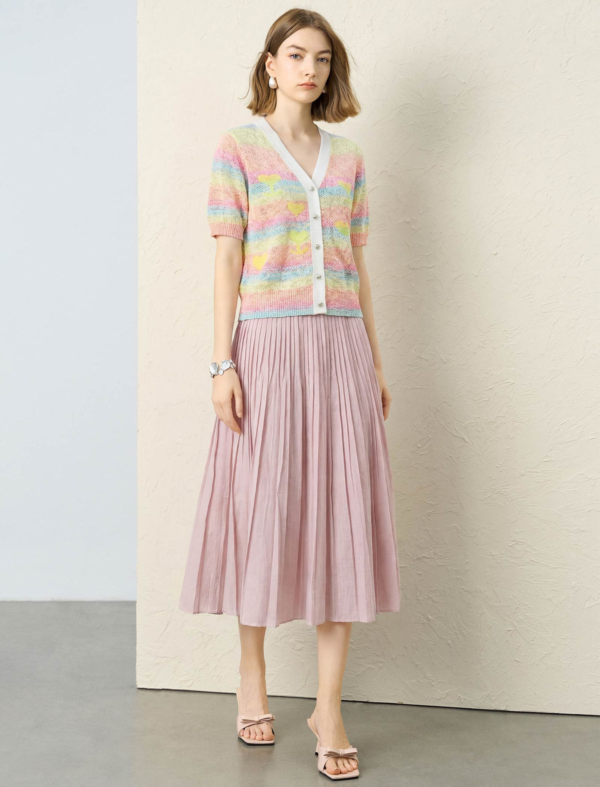 Pastel Rainbow Stripe Heart Knit Short Sleeve Cardigan