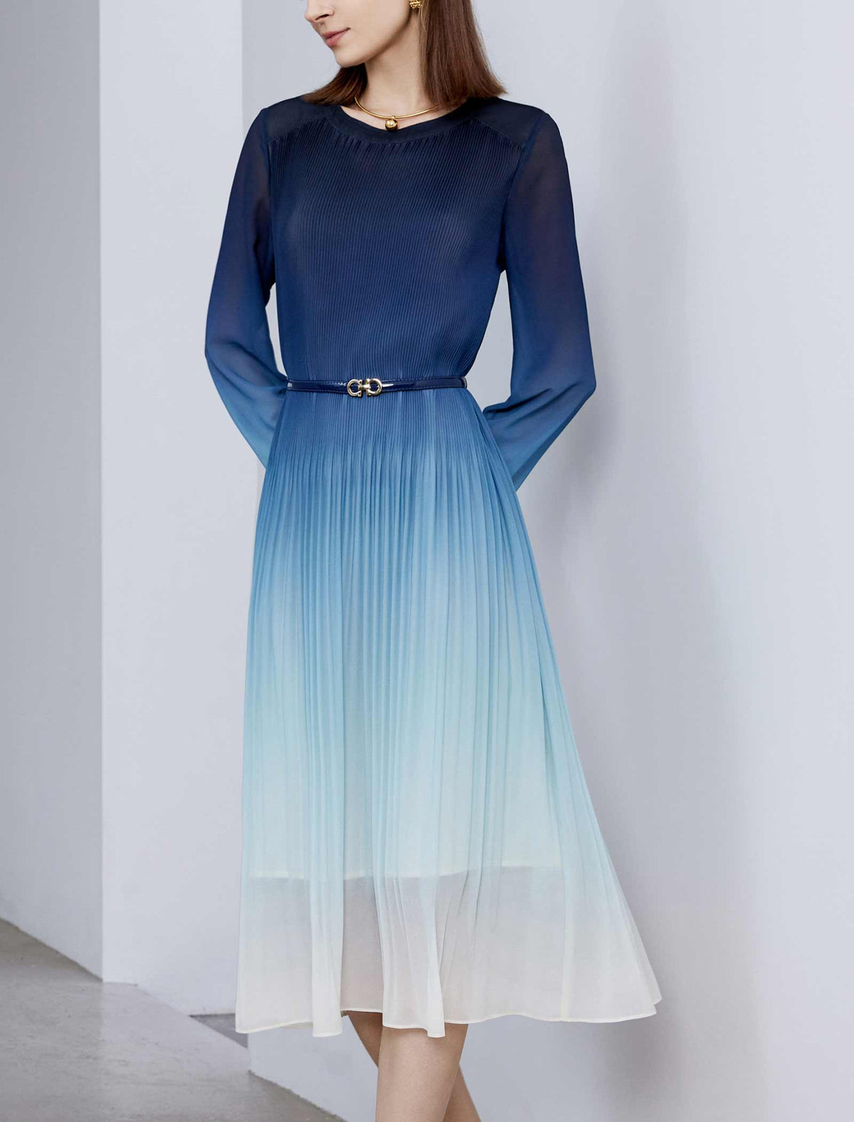 Blue Ombre Pleated Midi Dress