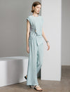 Textured Round Neck Ruched Detail Cap Sleeve Top
