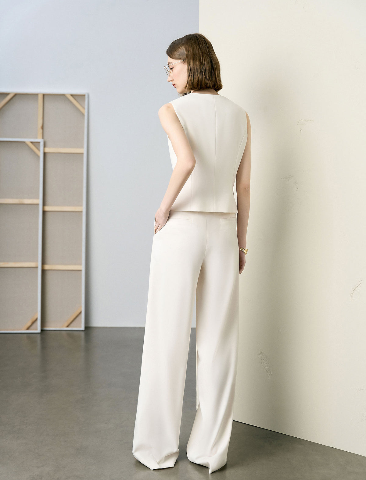 High Waist Pleated Wide Leg White Dress Pants