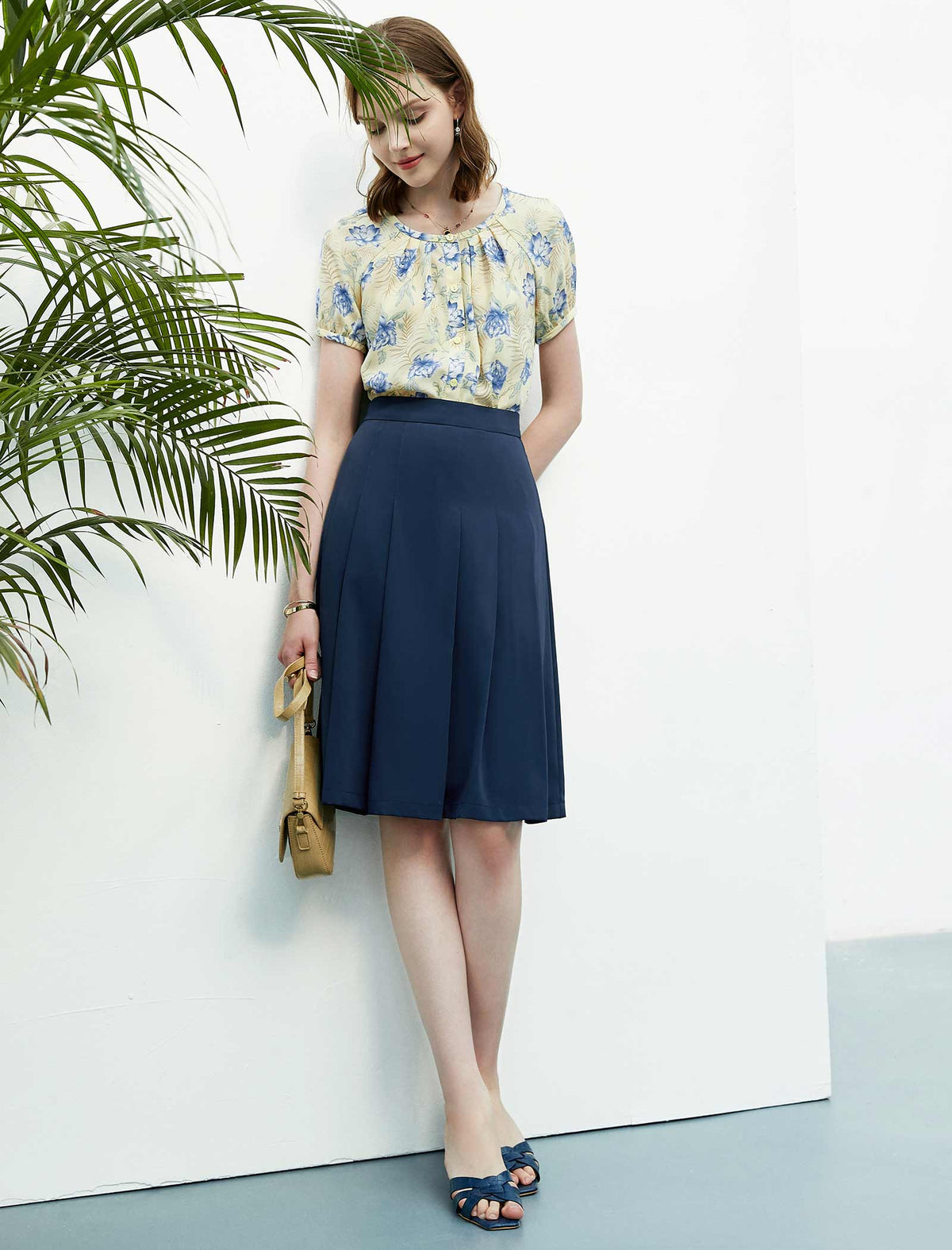 Navy Blue Pleated A-Line Midi Skirt