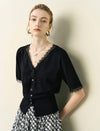 Black Lace-Trimmed Short Sleeve Cardigan