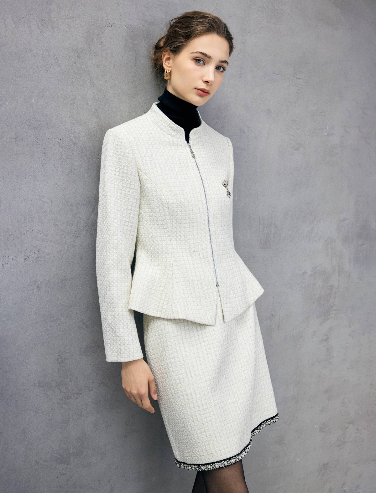 Wool Blend Braided-Trim High-Waist Straight Skirt