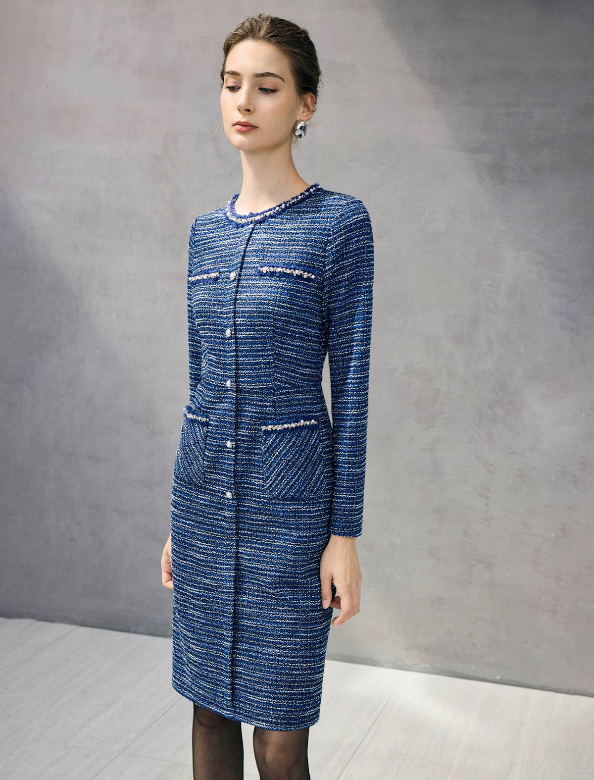 Braided-Trim Crewneck Long Sleeve Pearl-Button Straight Dress