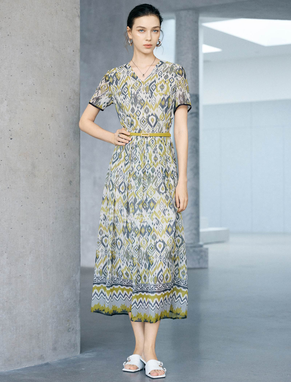 Ikat Geo Print Belted Tencel Blend Midi Dress