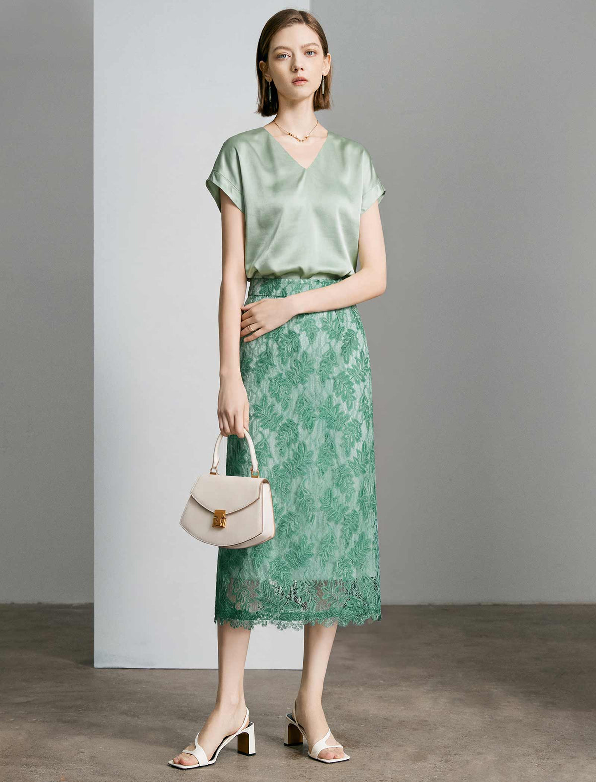 Sage Green Floral Leaf Lace High Waist Pencil Midi Skirt