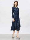 Navy Blue Beaded Neckline Lace Midi Dress