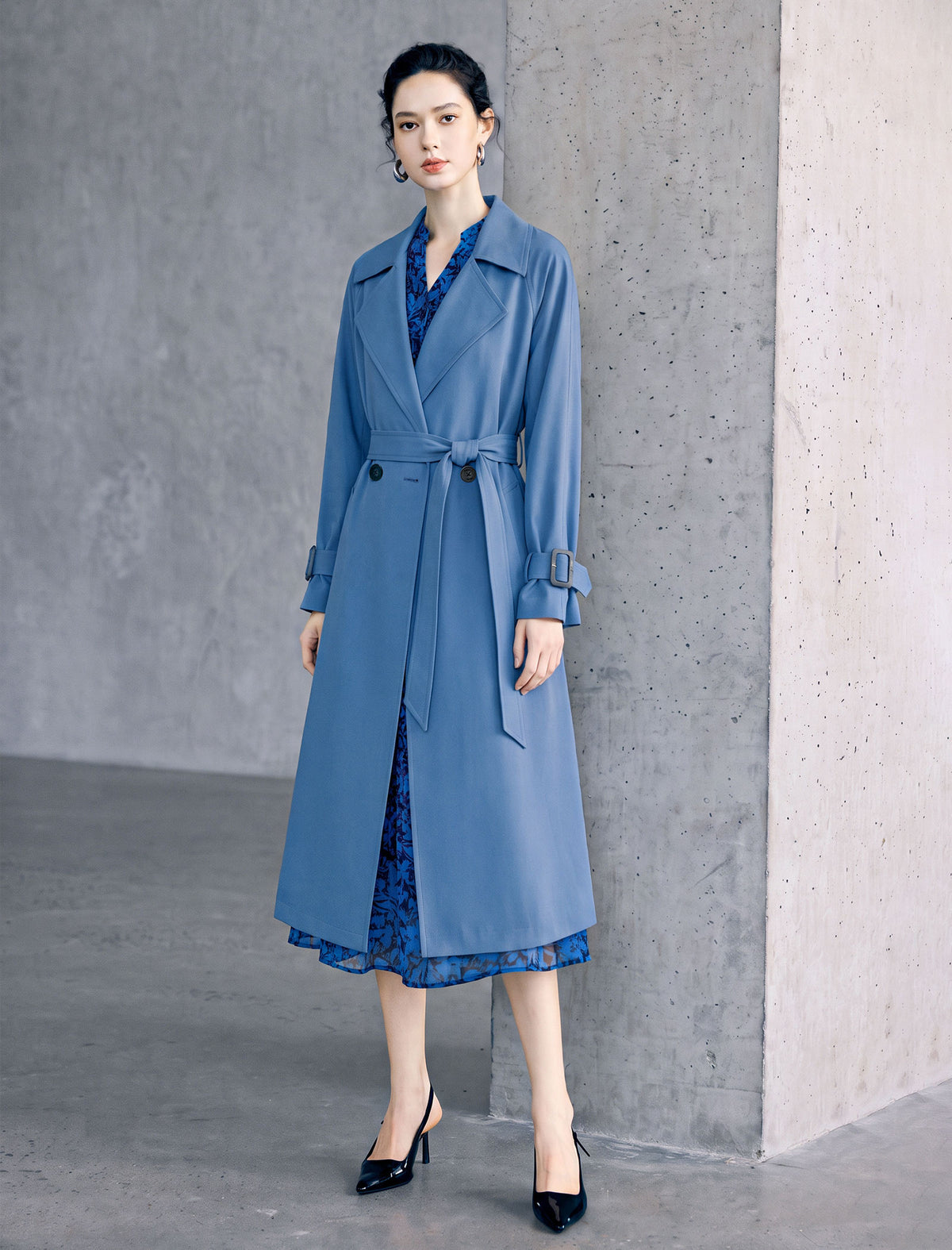 Double Breasted Midi Trench Coat with Waist Belt