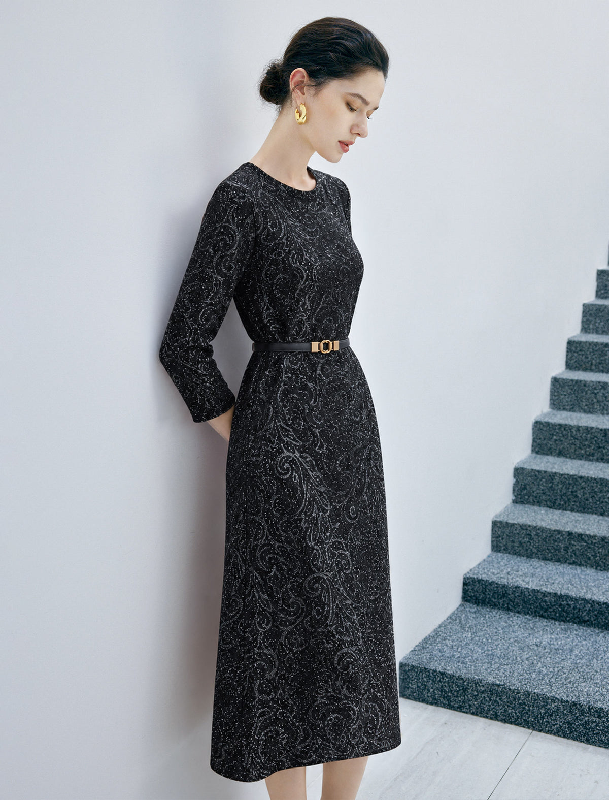 Crewneck Long Sleeve Belted Relaxed Midi Dress