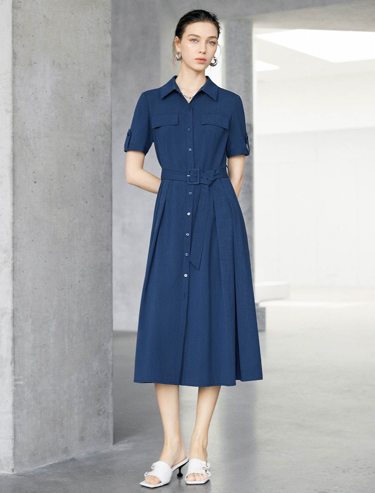 Navy Blue Linen Blend Belted Shirt Midi Dress