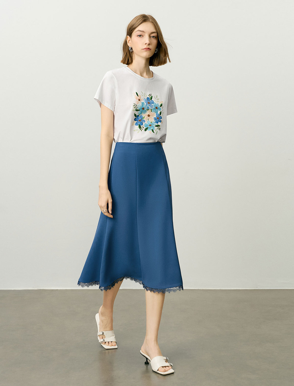 Lace Trim A-Line Midi Skirt