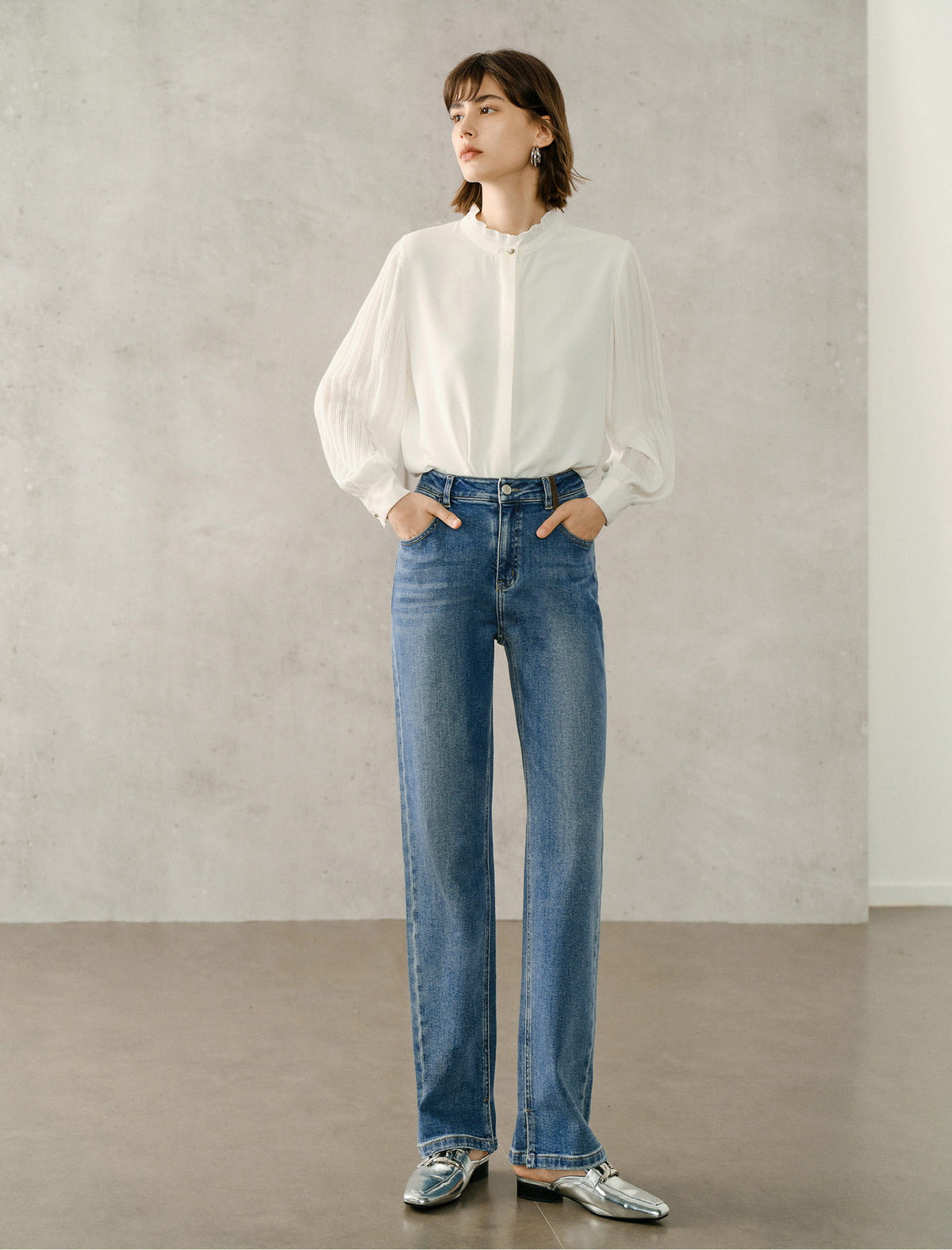 Frill Mock Neck Semi-Sheer Sleeve Blouse