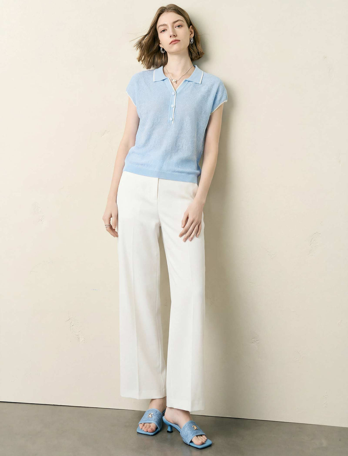 Textured Polo Cap‑Sleeve Knit Top