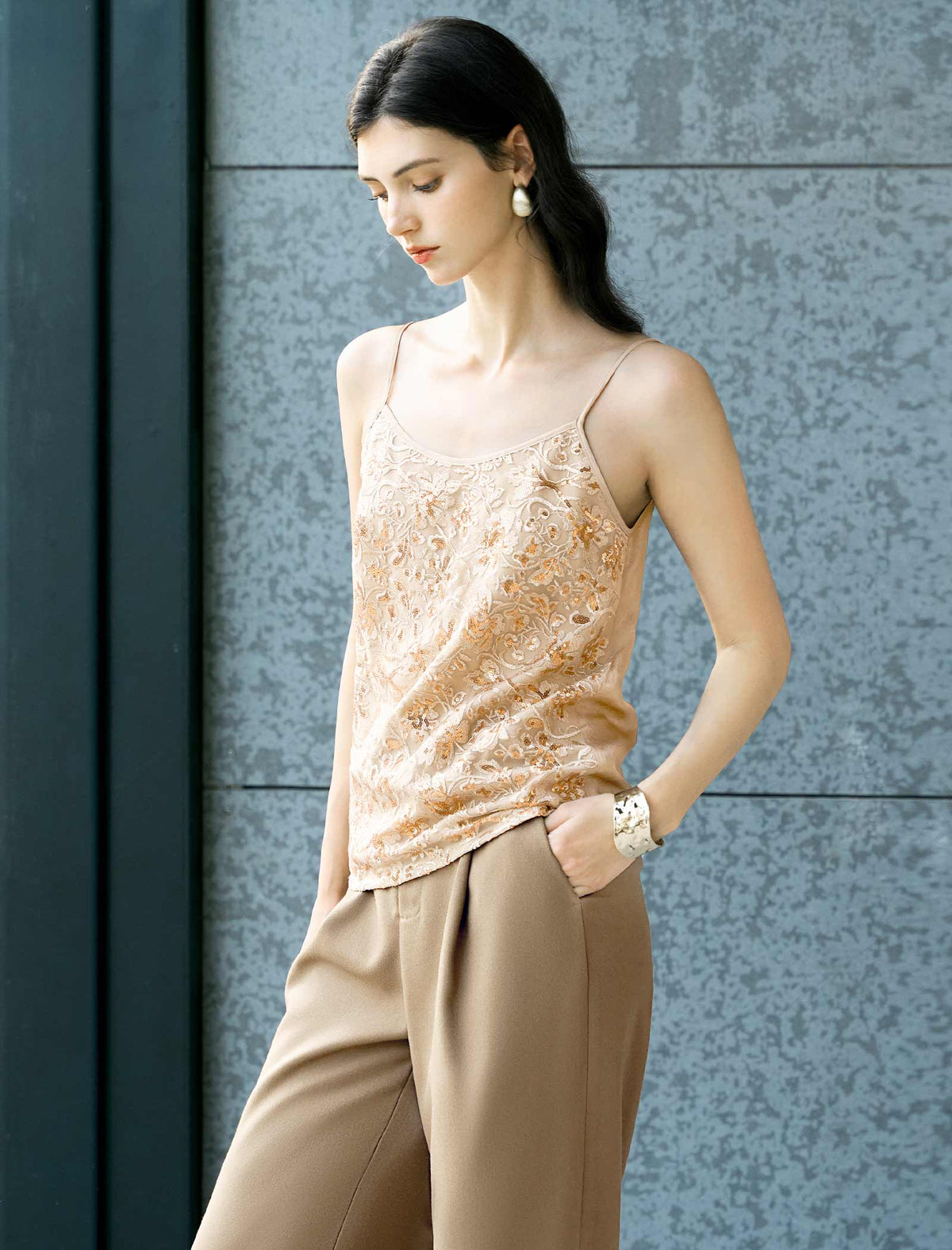 Champagne Sequin Embroidered Camisole