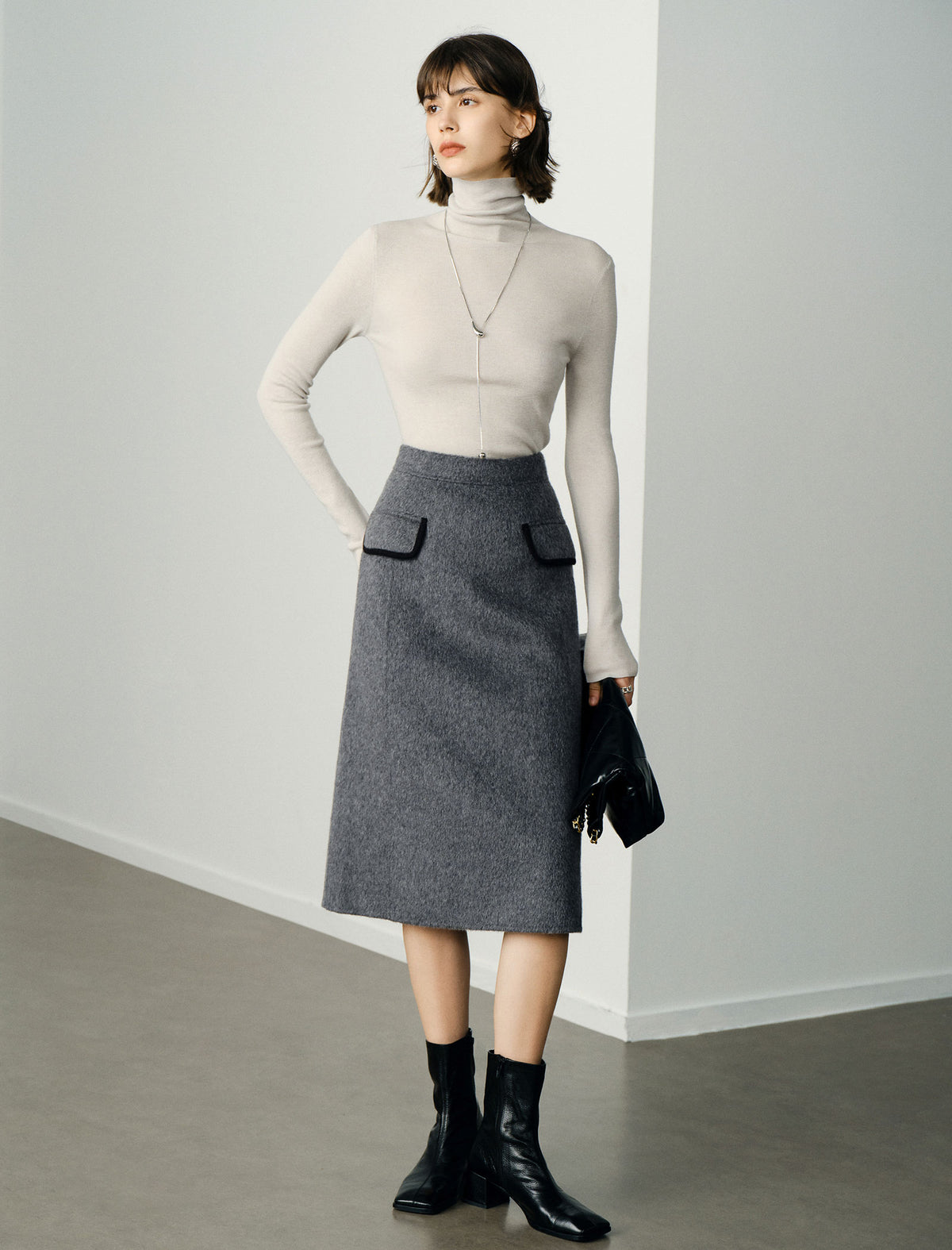 Wool Gray Double-Faced High-Waist A-Line Midi Skirt