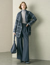 Grey Plaid Wool-Blend Self-Belt Coat