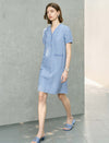 Blue Houndstooth Straight-Cut Dress