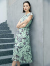 Mint Green Leaf Print Tie Waist Midi Dress