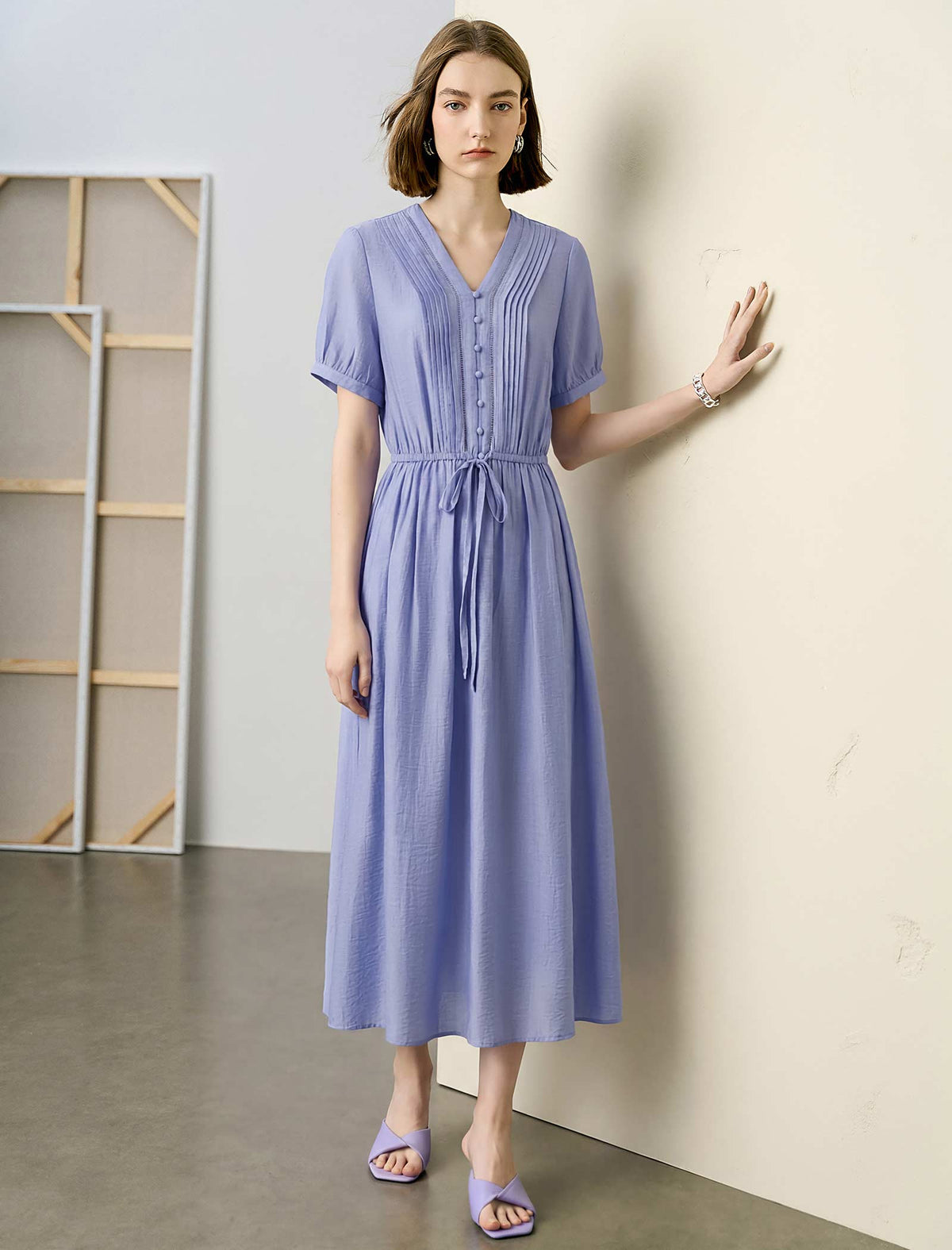Drawstring Waist Midi Swing Dress with Button Placket