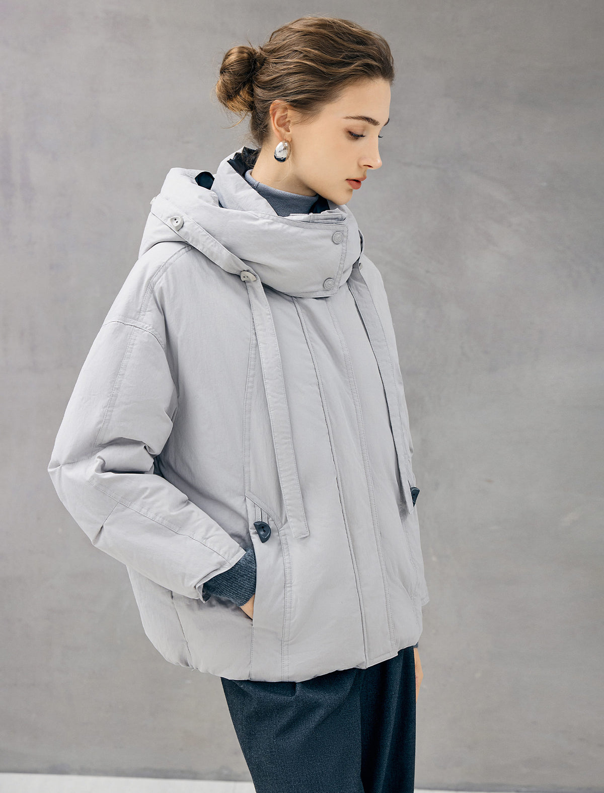 Detachable-Hood Stand-Collar Zip-Front Cropped Puffer Jacket