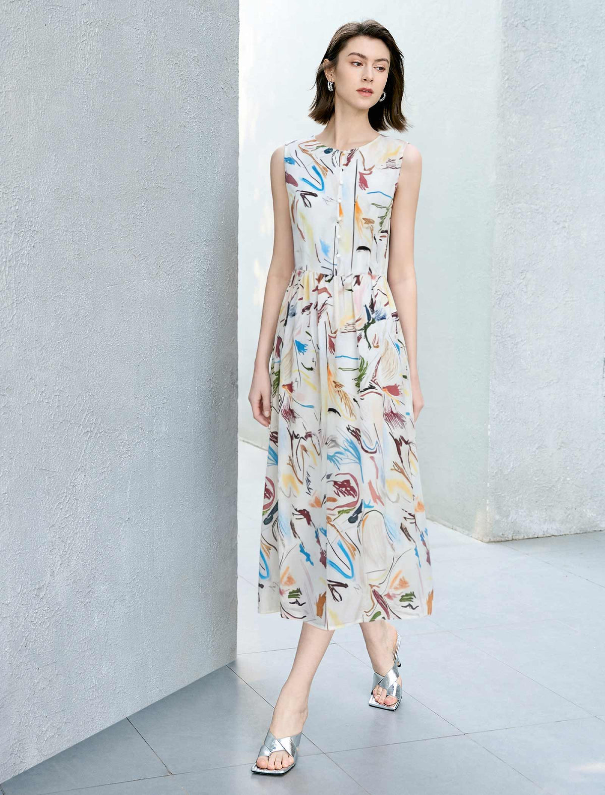 Abstract Art Print Sleeveless Waist-Fitted Mulberry Silk Midi Dress