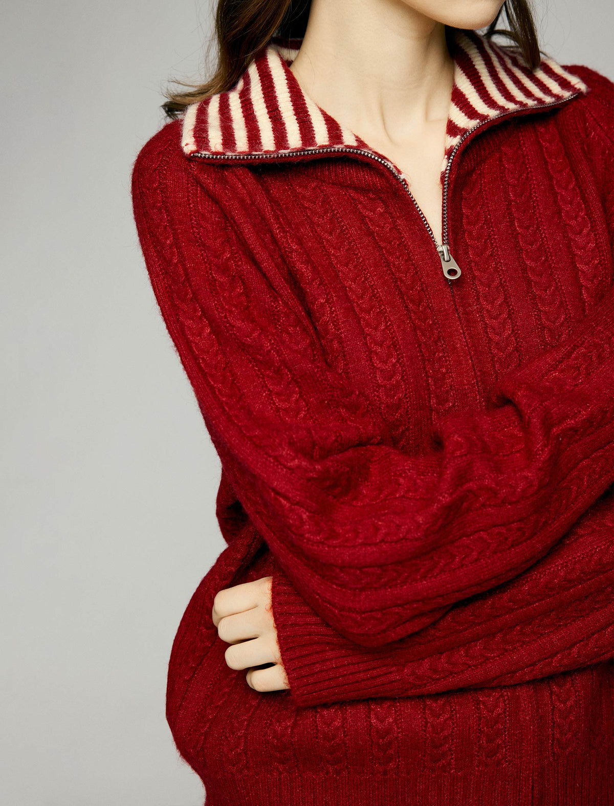 Striped-Collar Cable-Knit Long Sleeve Zip-Front Cardigan