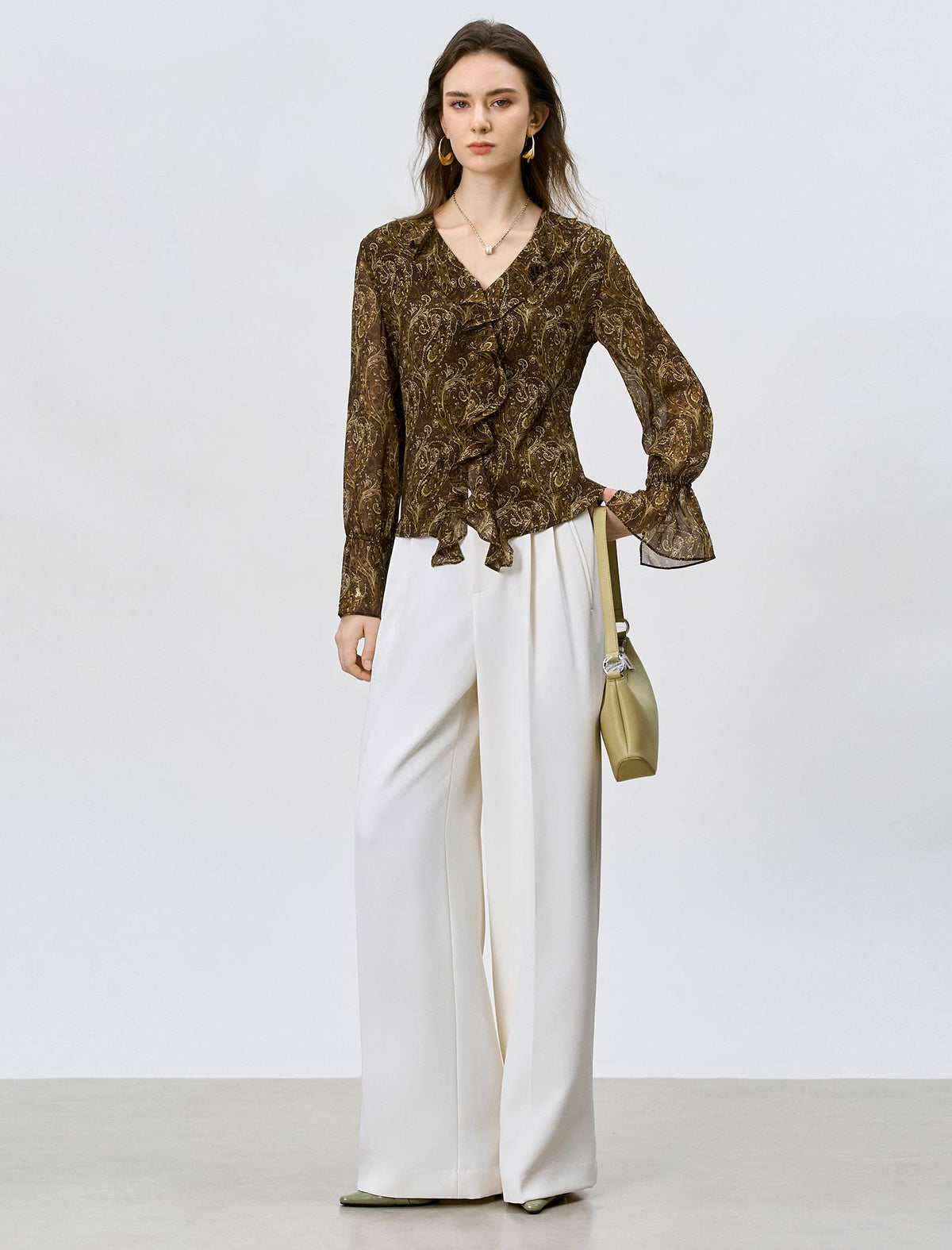 Brown Paisley Print Ruffle Chiffon Blouse