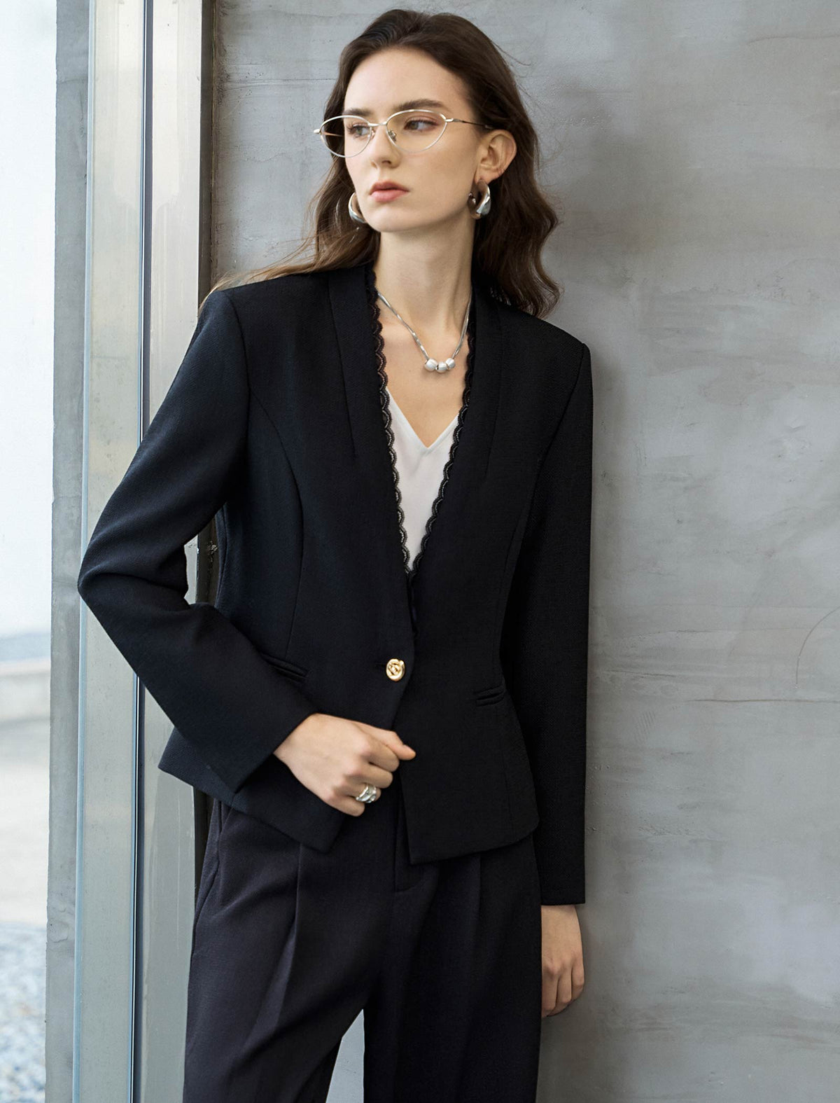 Lace Trim Collarless Blazer