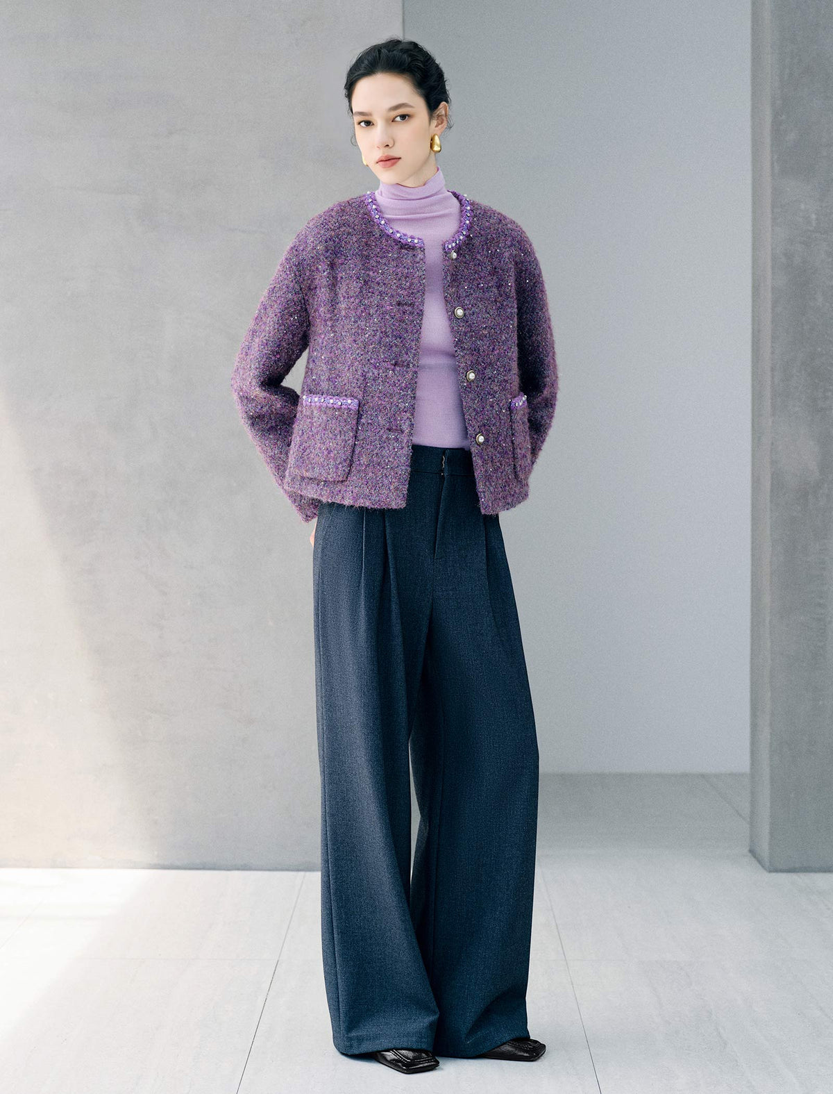 Sequin Textured Pearl Trim Round Neck Jacket