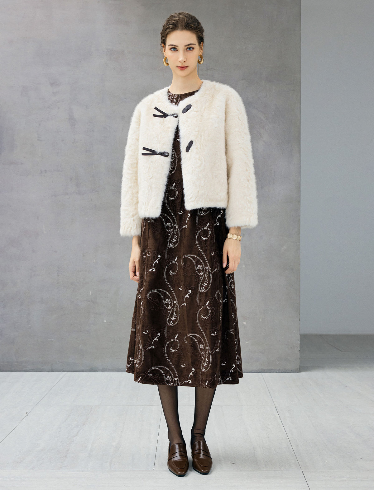 Frog-Button Toggle-Front Crewneck Cropped Jacket