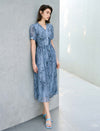 Abstract Print V-Neck Puff Sleeve Midi Dress