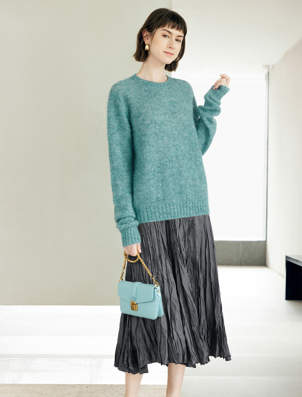Crinkled Pleated Elastic Waist Midi Skirt