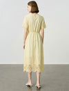 Pale Yellow Embroidery Lace Hem Tie Waist Midi Dress