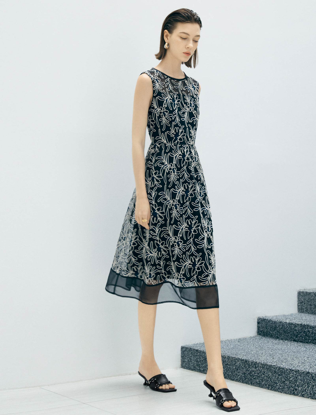 Sleeveless Floral Embroidered Mesh Midi Dress
