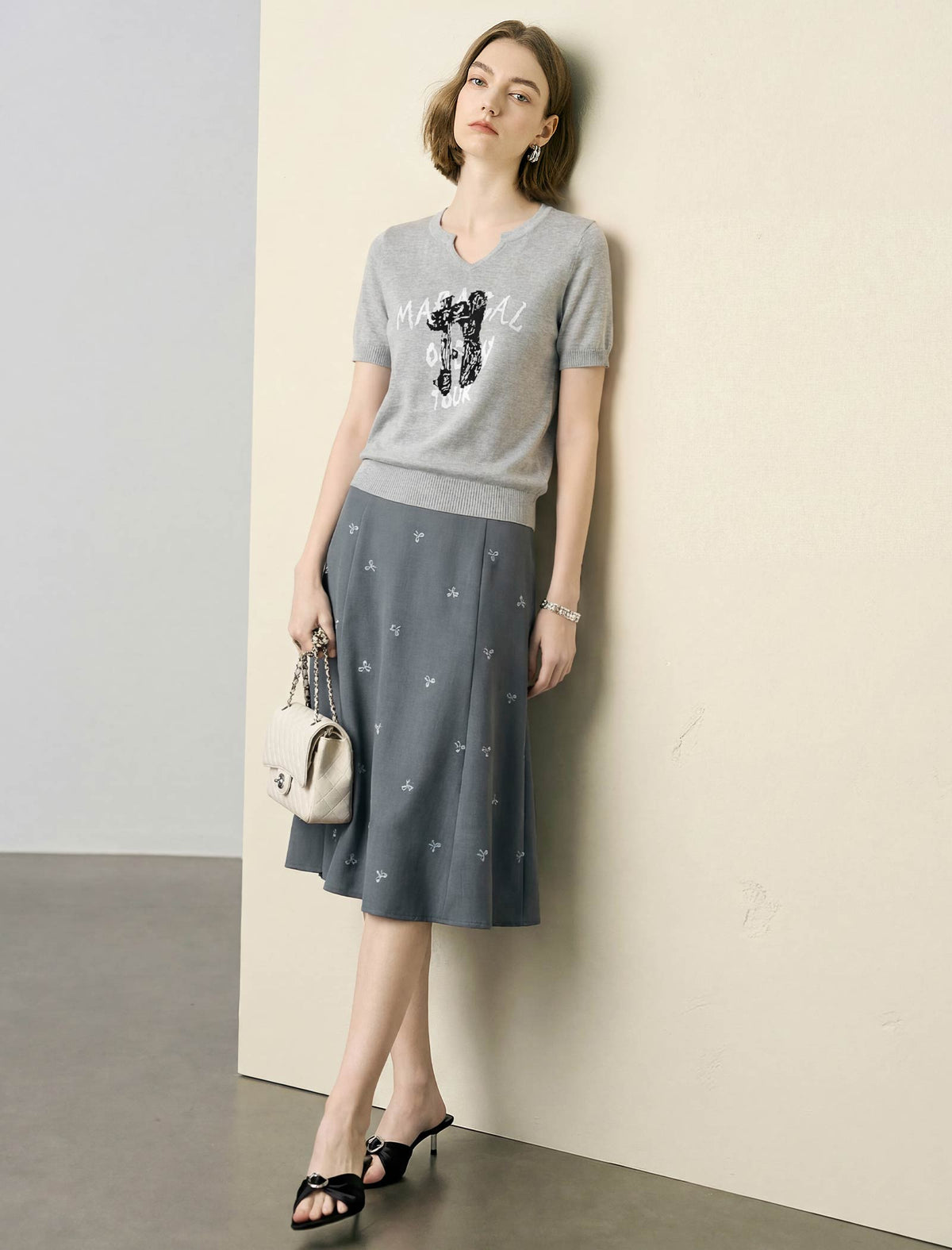 Grey Mini Bow Embroidery A-Line Midi Skirt