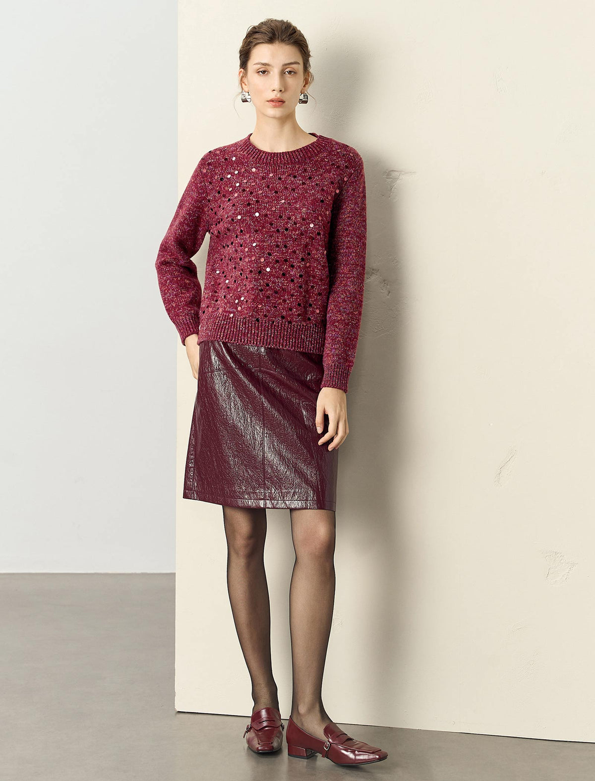 Burgundy Sequin Crew Neck Sweater