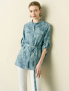 Textured Pattern Stand Collar Belt Detail Blouse
