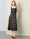 Black Gold Floral Sequin Lace Wide Strap Midi Slip Dress