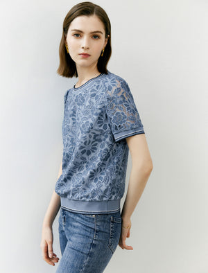 Lace Floral Contrast Trim Short Sleeve Top