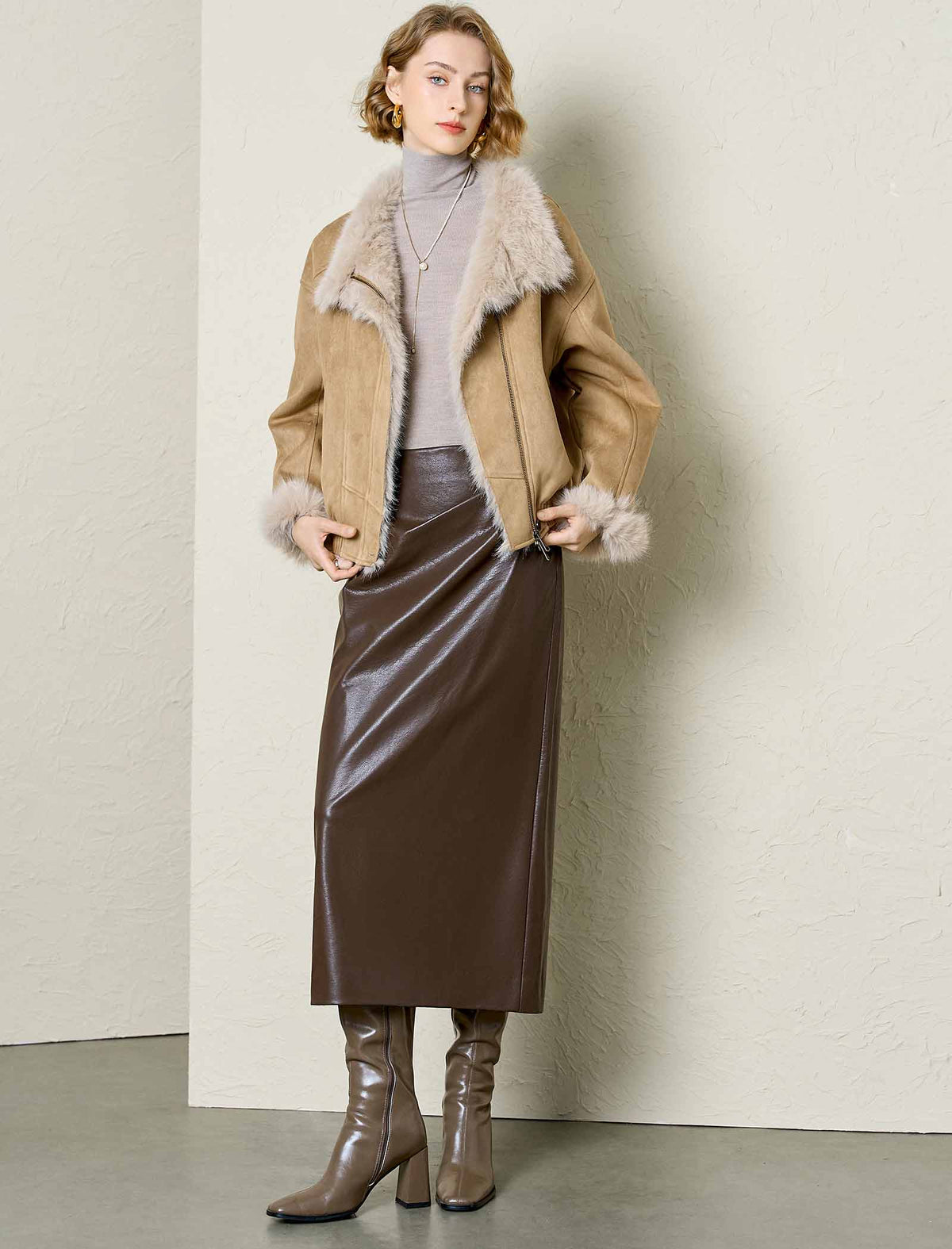 Faux Suede Fur Trim Cropped Jacket