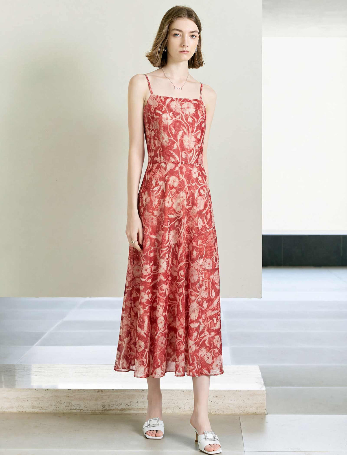 Rust Red Tie-Dye Floral Print Square Neck Midi Cami Dress