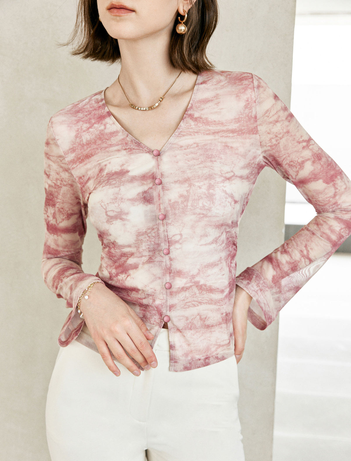 V-Neck Tie Dye Button Up Top