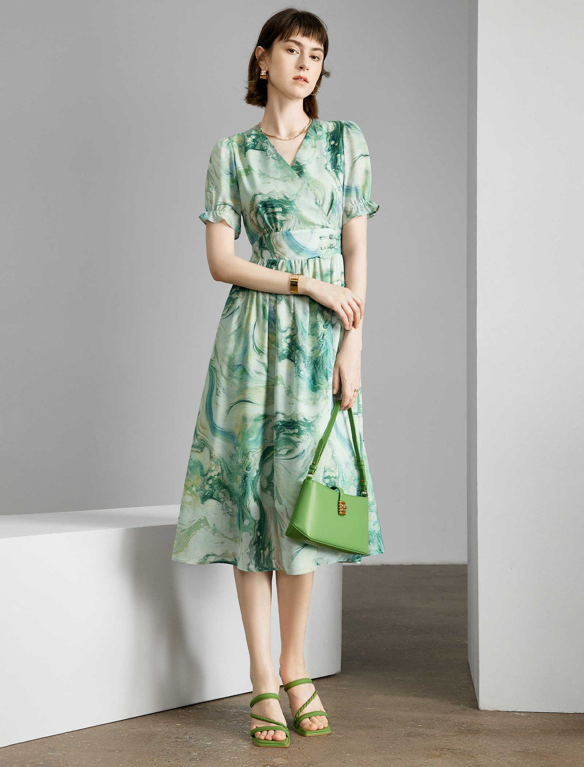 Teal Marble Print V-Neck Midi Dress