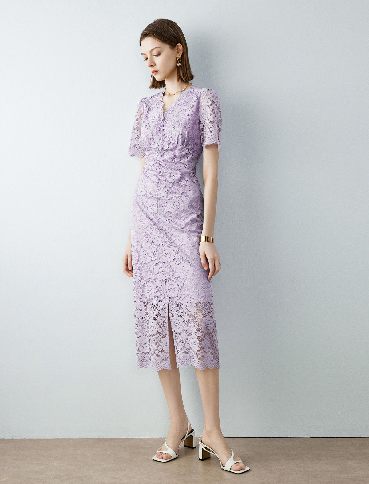 V-Neck Lilac Lace Midi Dress