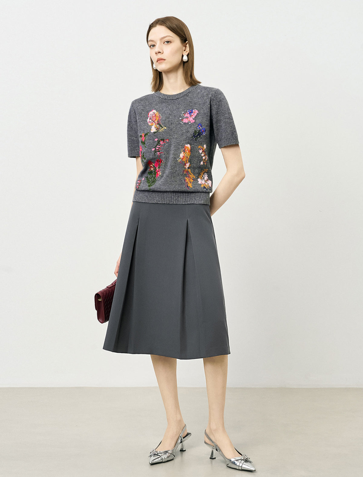 Grey Floral Embroidered Short Sleeve Sweater