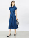 Satin Cap Sleeve Twist Waist Midi Shirt Dress