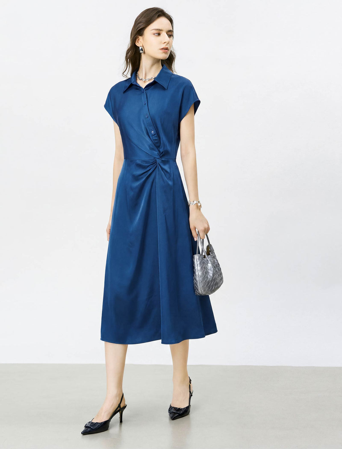 Satin Cap Sleeve Twist Waist Midi Shirt Dress