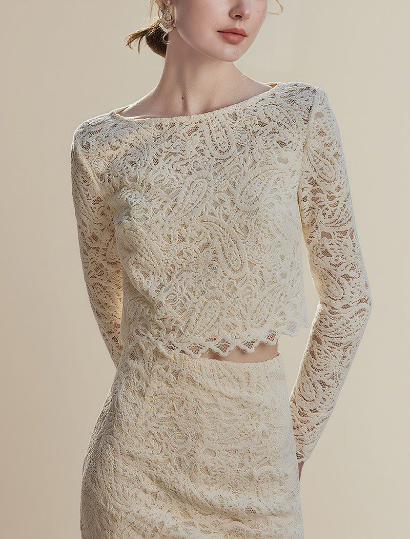 Cream Lace Cropped Long Sleeve Top