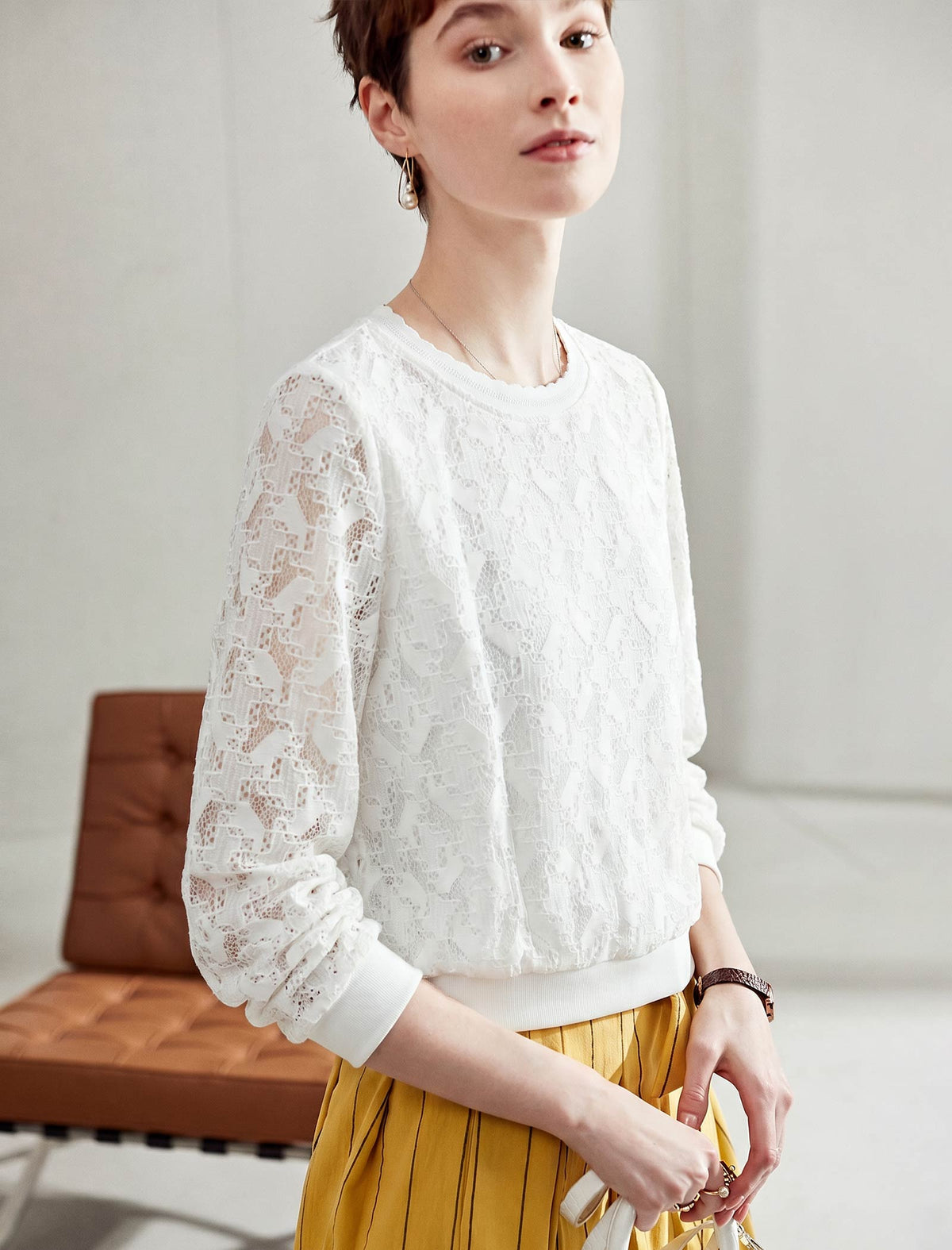 Lace Crew Neck Long Sleeve Top