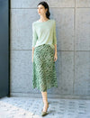 Green Abstract Print Pleated Midi Skirt